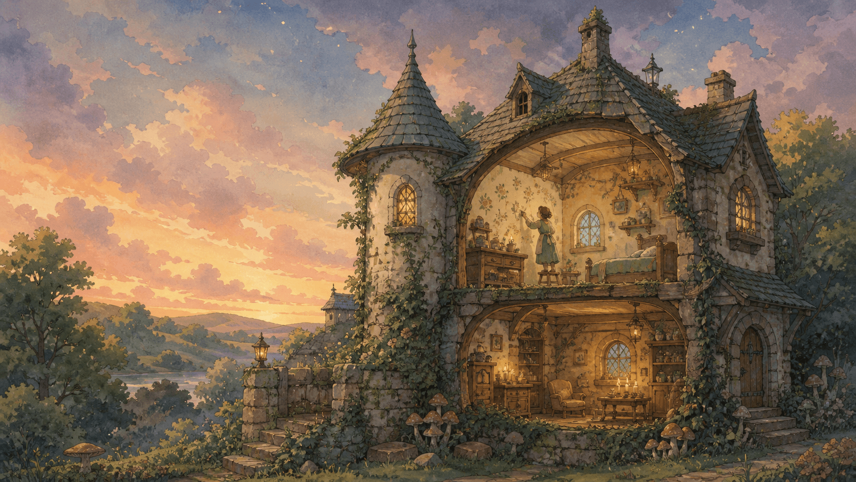 Living House — fairytale cottage cross-section, watercolor